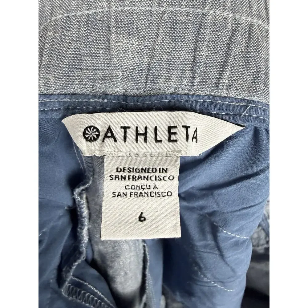 Athleta Cabo Linen Wide Leg Pant Blue Drawstring Zipper Pocket Size 6